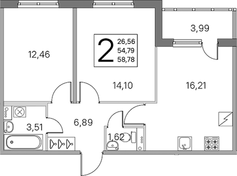 2-комнатная квартира 54.79 м², 1/5 эт., ЖК «ЮгТаун. Олимпийские кварталы»